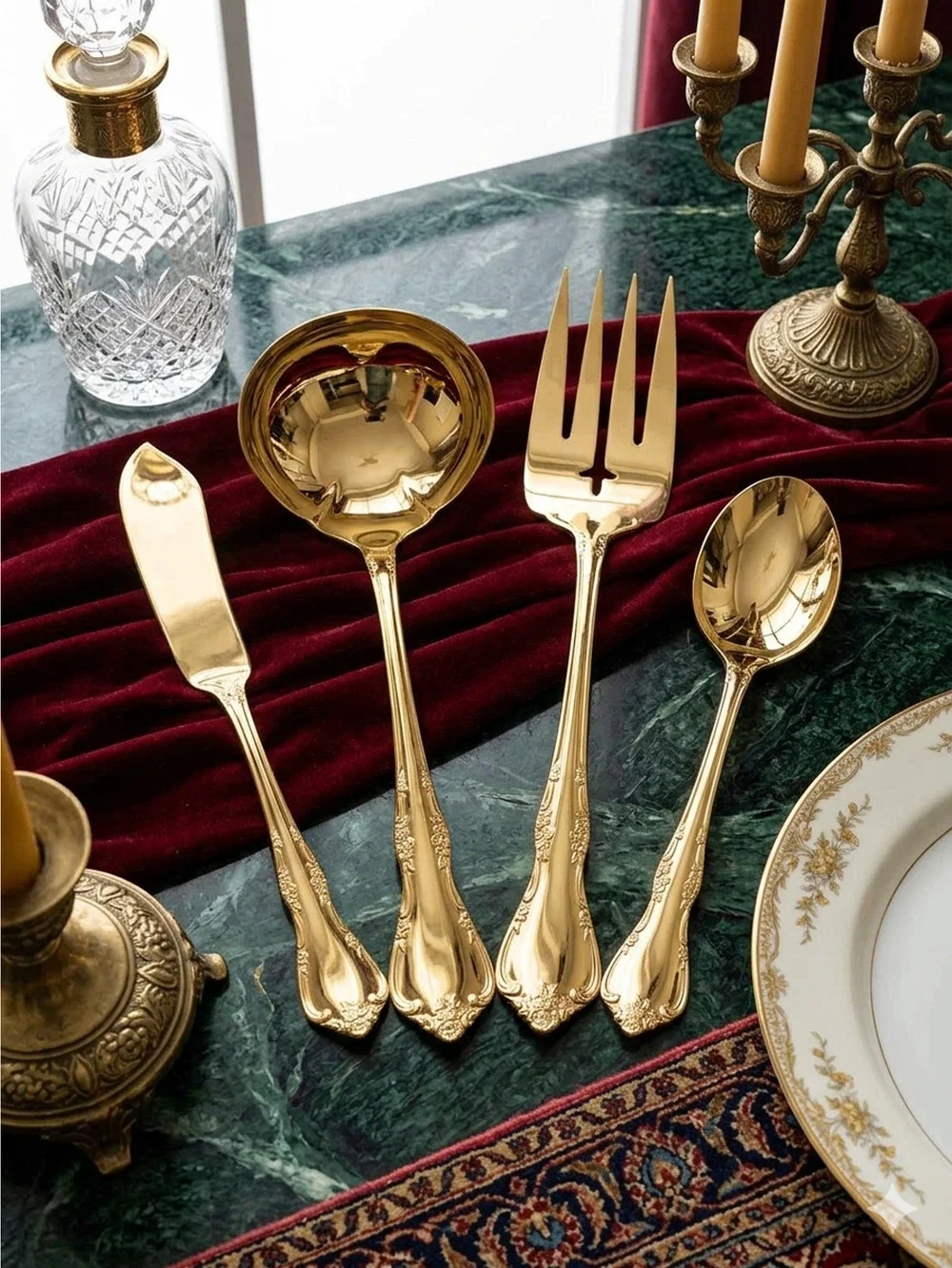 Oneida Community Affection Gold Electroplate 4pc Serving Set Ladle Fork Spoon